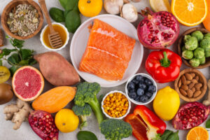 Foods rich in Vitamin D including fish, eggs and dairy products