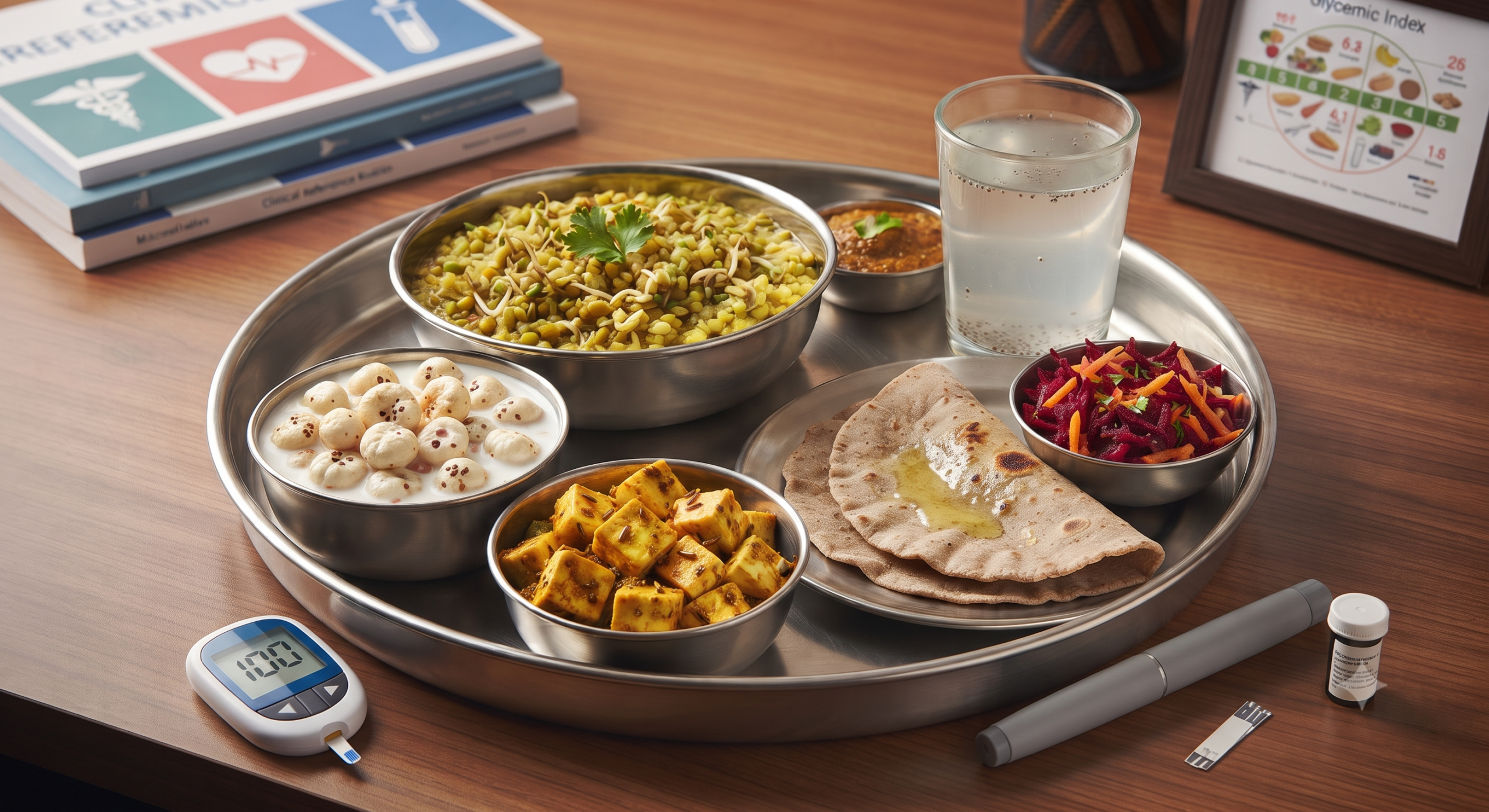 Navratri vrat thali with makhana, paneer cubes and roti beside a glucometer, for fasting with diabetes
