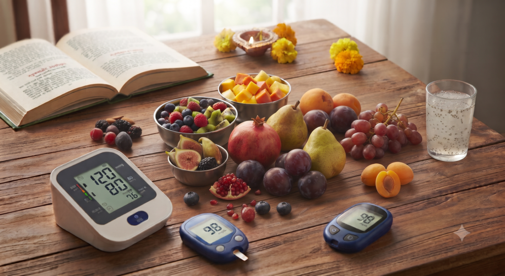 Navratri fasting with diabetes: a vrat thali with makhana, curd, fruit and a glucometer