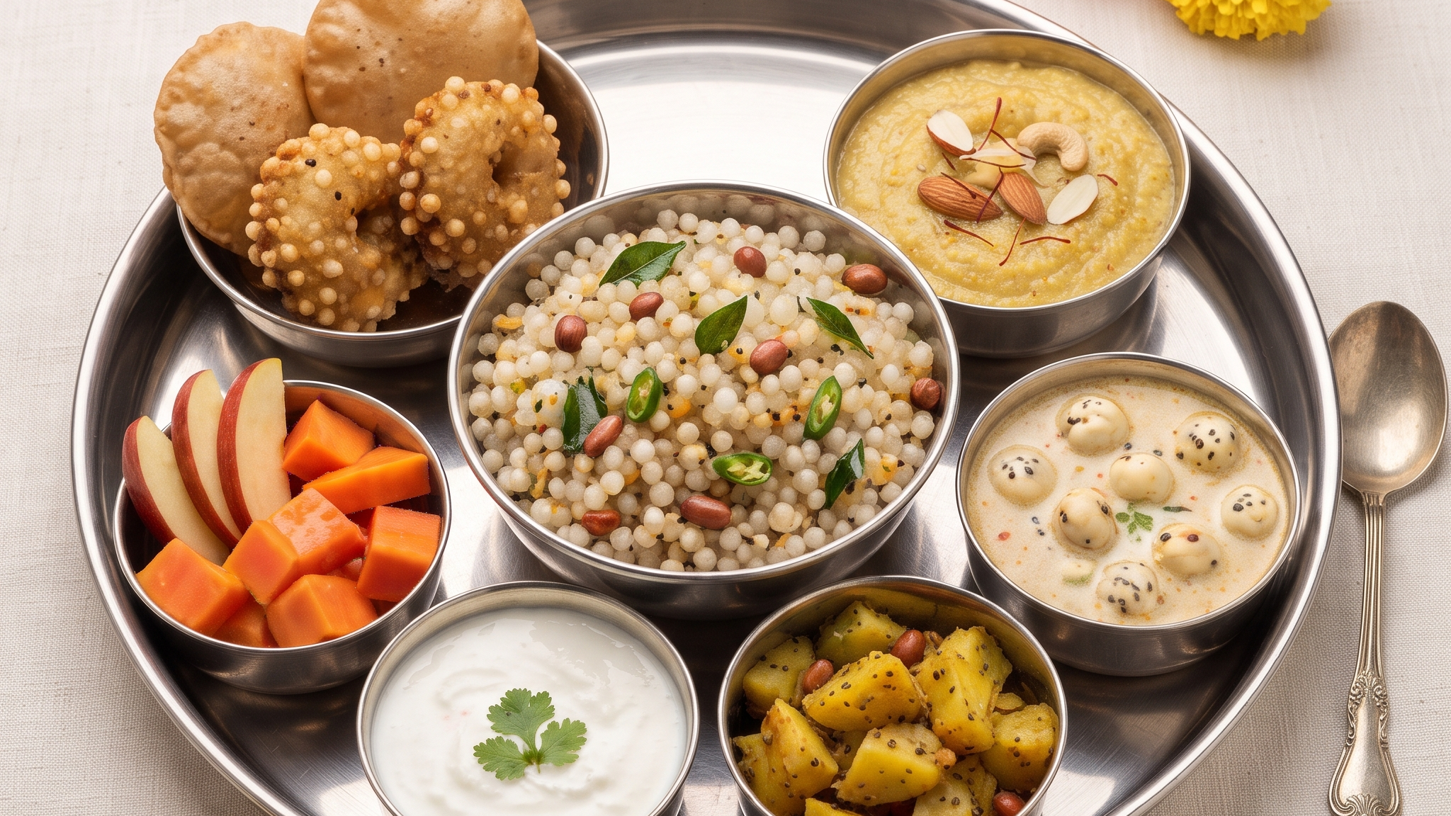 Navratri thali with sabudana khichdi, puris, potato and sweets: foods to keep to small portions with diabetes