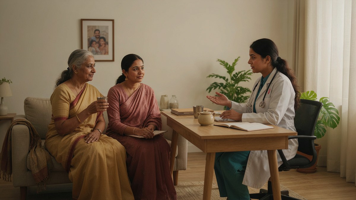 Two women of different ages sitting with a female doctor to talk about breast cancer screening