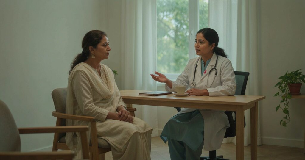 Woman in her forties talking with a female doctor about breast cancer screening