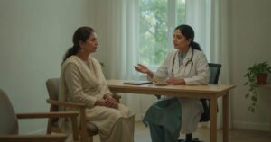 Woman in her forties talking with a female doctor about breast cancer screening