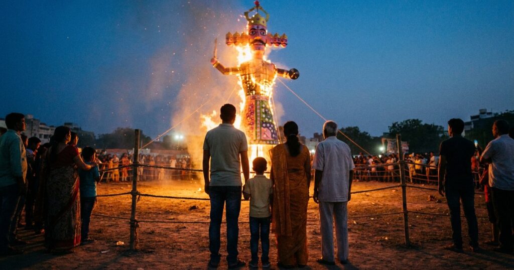 Family watching a Ravan effigy burn from behind a rope barricade, following Dussehra safety tips