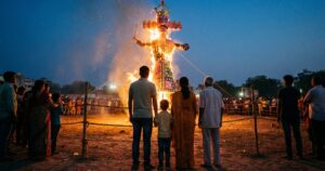 Family watching a Ravan effigy burn from behind a rope barricade, following Dussehra safety tips