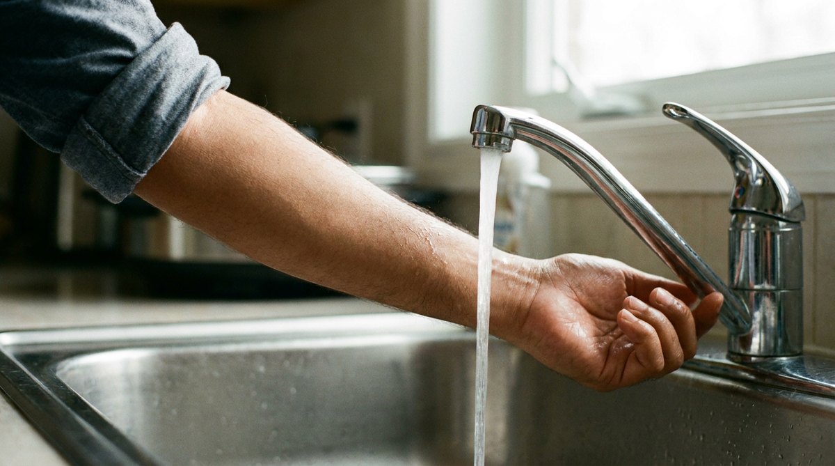 Forearm held under gently running cool tap water in a kitchen sink as first aid for a burn