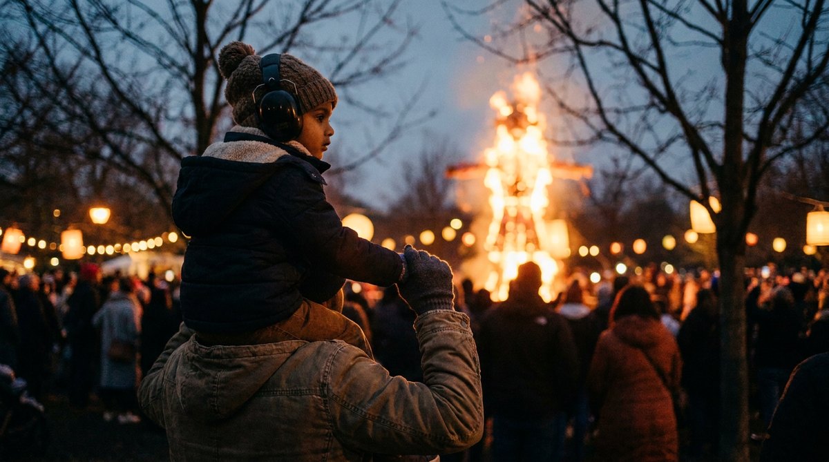 Child in protective earmuffs on a parent's shoulders watching a distant Ravan effigy at Dussehra