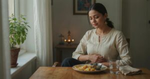 Woman sitting at a dining table with her hand on her stomach, feeling full after small meals
