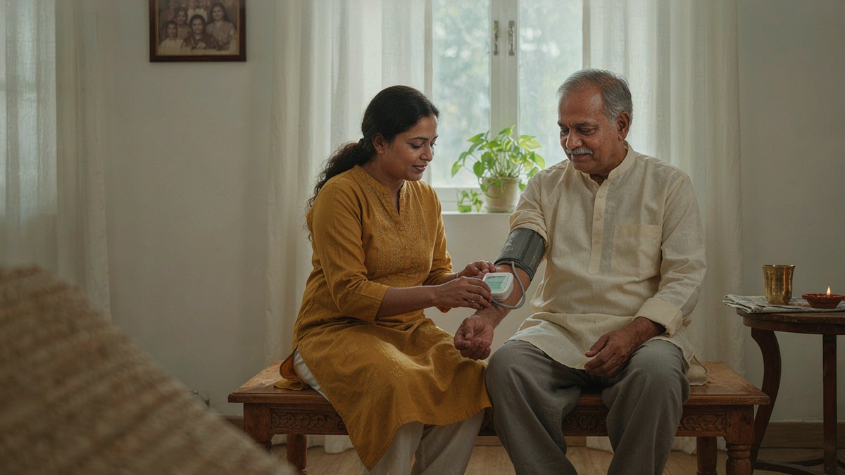 Woman helping her elderly father check his blood pressure with a home monitor